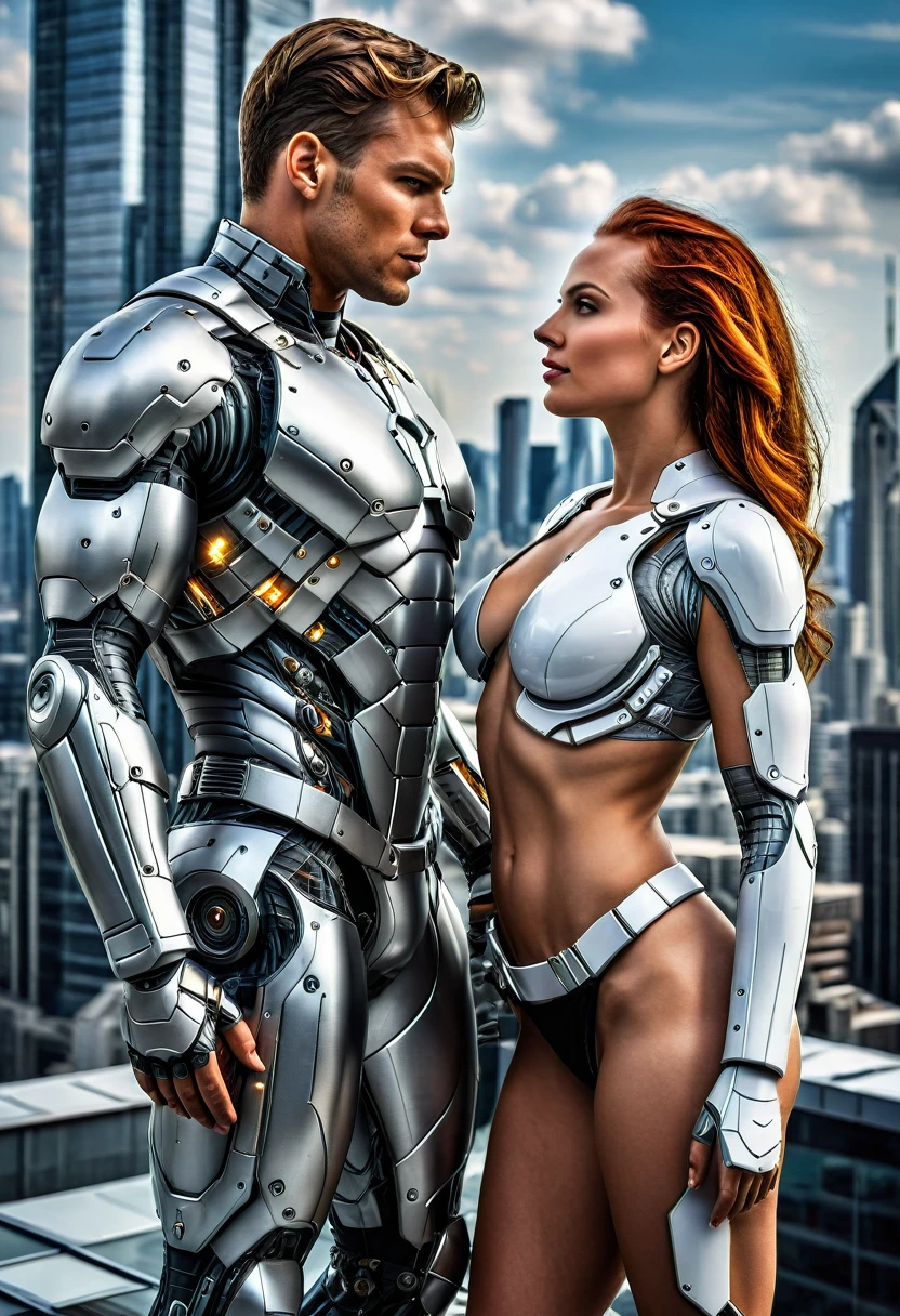 Sexual relationship between a male cyborg and a female cyborg on the roof of a skyscraper, high quality, best quality, absurdres, masterpiece, beautiful, intricate details, 1/2 body crop, slim body, beautiful figure, magnificent anatomy, (intricate details:1.12), HDR, (intricate details, hyper-detailing:1.15), (natural skin textures, hyper realisitc, soft light, Sharp:1.2)