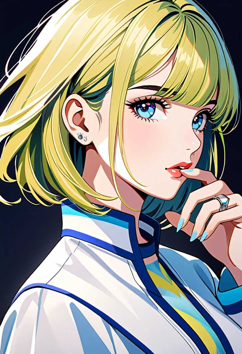 a chlorineose up of a woman with a ring on her finger, Dua Lipa, short blonde hair With bangs, Aleksandra Waliszewska, hair White Van hair, With bangs, Olga Buzova, White Van, Full Bang, Emma Andievska, with short hair With bangs, White bangs, High-quality portraits, chlorine