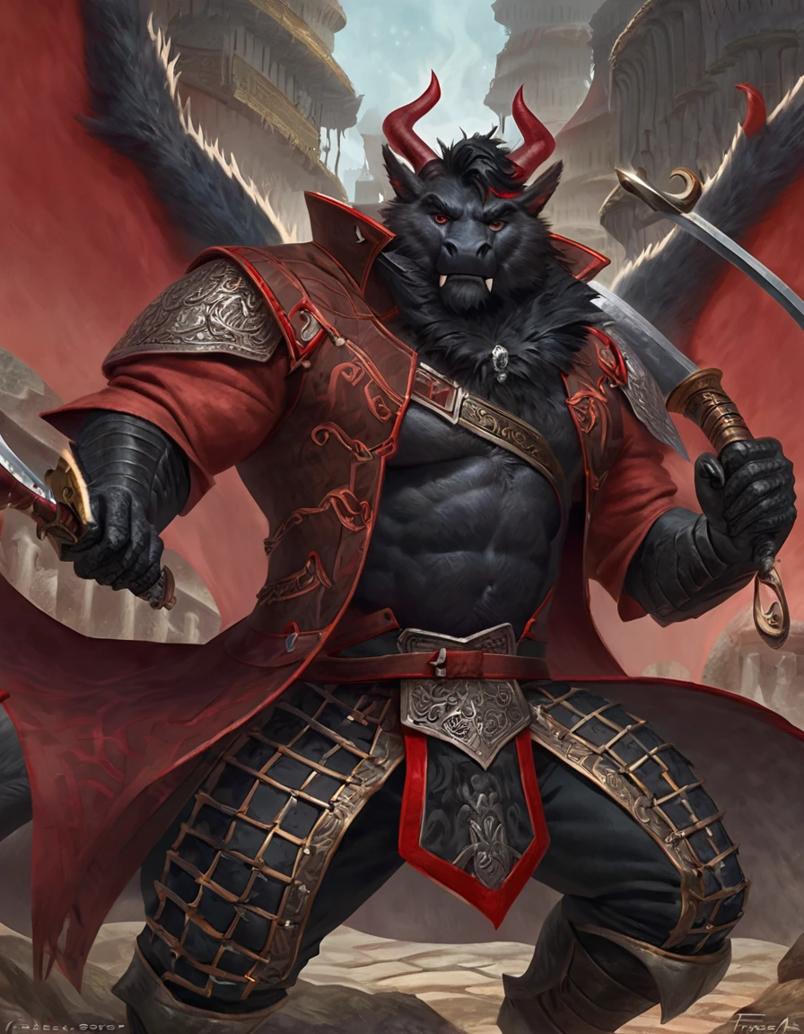 Drawn art Anthropomorphic dragon his physique is achieved through a meticulous distribution of muscle and fat that creates a sense of comfort and approachability. Black scales. Black fur. Black Hair. Skin is a rich, deep black, with a subtle shimmer. His eyes are a piercing shade of Imperial red, framed by thick eyebrows. His attire, a black gambeson padded overcoat fabric vest with striking red salmon accents and intricate silver metal ornaments, is both functional and symbolic. The gambeson, a padded garment, is tailored to allow for a full range of motion, emphasizing his agility despite his size. The silver metal ornaments. Fur is predominantly black with salmon red-colored highlights. The fur on his torso and limbs is dense. His chest hair is kept at a moderate length. Large axe like fangs. Wield a slashing blade in a rapier-like's hilt. Ox guard stance pose. His predominant color is black and he got imperial red details. Anthro Artist Taran Fiddler art Style, olhos detalhados, Olhos lindos, escalas detalhadas.