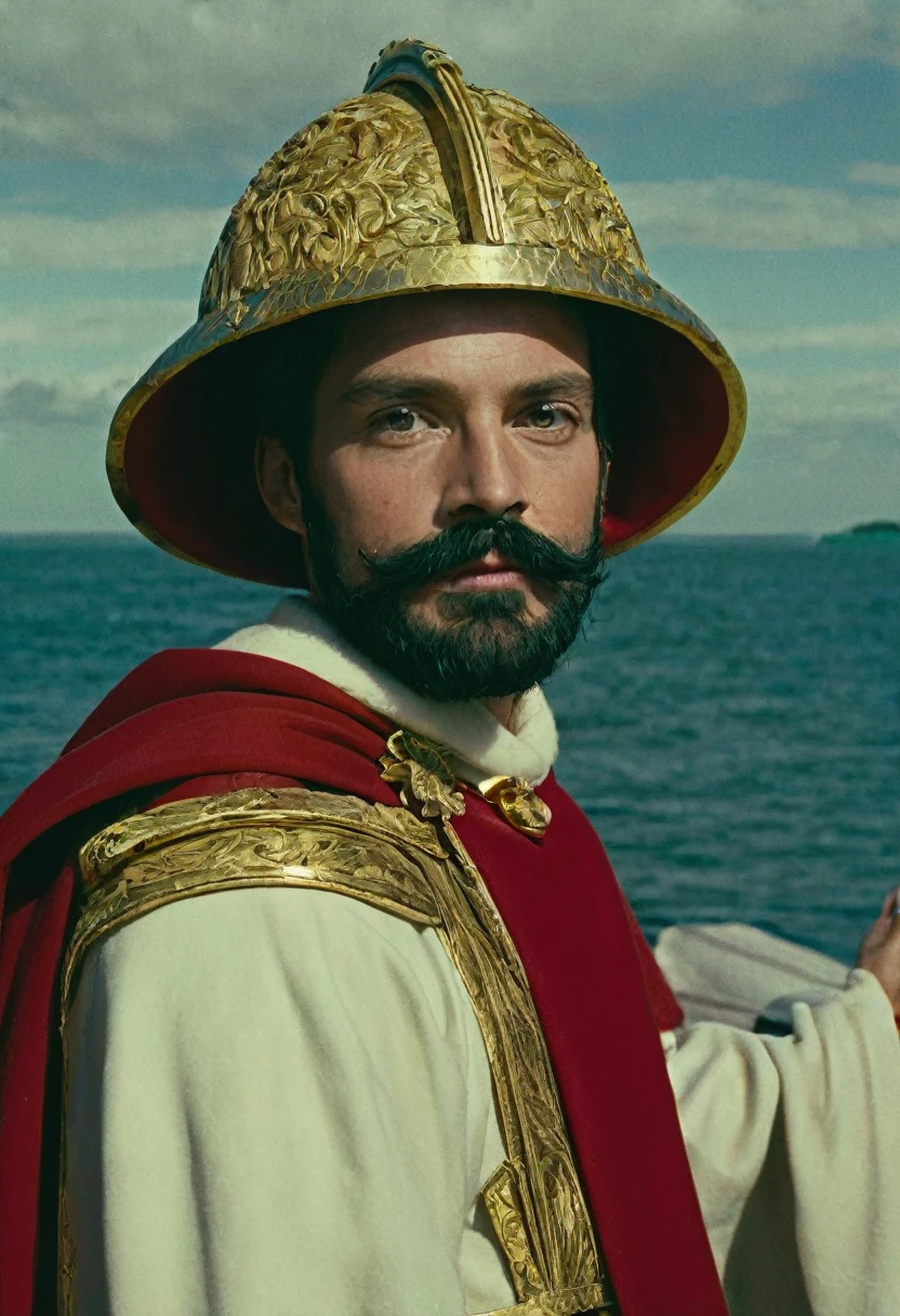 a portrait of a man with a beard and mustache is captured in a close-up, eye-level shot. he's dressed in a red cloak, a helmet, and a white sash around his neck. his right arm is bent at the elbow, while his left arm is extended towards the viewer. his face is adorned with a halo of gold, and he's holding a scroll in his right hand. the backdrop features a body of water, with a boat docked in the distance. the sky above is a canvas of gray, with a few wispy clouds