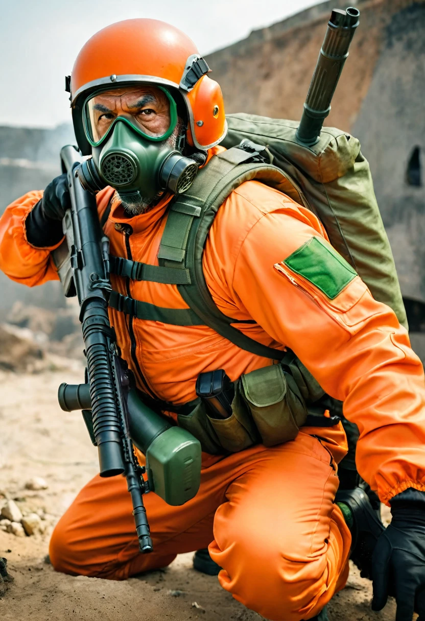 (a dark-skinned bearded chubby  old man in orange zipper pilot suit), wearing rescue gear, wearing green army pilot helmet and gas mask, crouching, shooting with sniper rifle, imposing physique, muscular, toned muscles, Basuki Abdullah, sumatraism, action, a character portrait, heroic, fierce, shouting, angry expresion, intense