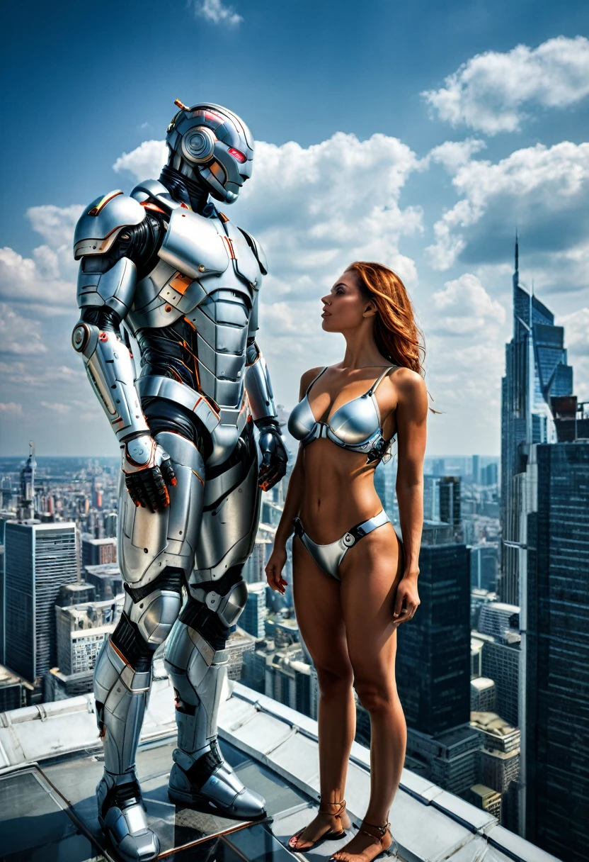 Sexual relationship between a male cyborg and a female cyborg on the roof of a skyscraper, high quality, best quality, absurdres, masterpiece, beautiful, intricate details, 1/2 body crop, slim body, beautiful figure, magnificent anatomy, (intricate details:1.12), HDR, (intricate details, hyper-detailing:1.15), (natural skin textures, hyper realisitc, soft light, Sharp:1.2)