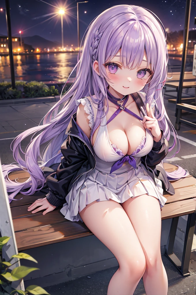 masterpiece, best quality, nsfw,
1girl, from above, sitting, cleavage,
lift up the pleated skirt, sailor suit, white panties, purple hair, evil smile, peace sign,
in front of the station, night,