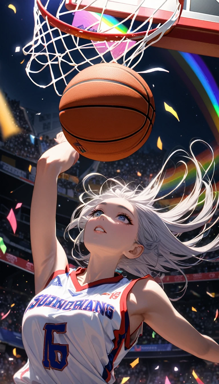 Highest quality, Highest quality, 16K, Unbelievably absurd, Very detailed, delicate and dynamic, Natural light, The particles reflect light, Diffuse reflection of light, Vortex of Light, Lots of rainbow-colored confetti falling, Basketball court, night, illumination, Create amazing image effects, Upper body close-up, (sole sexy girl, Firm bust, , powerful, A game-winning dunk by a professional basketball player, Hollow, Floating in the air, A powerful dunk, Basketball Uniforms,)
