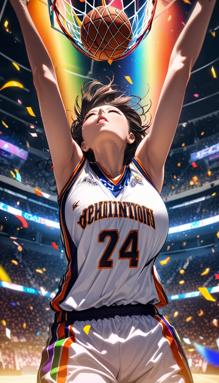 Highest quality, Highest quality, 16K, Unbelievably absurd, Very detailed, delicate and dynamic, Natural light, The particles reflect light, Diffuse reflection of light, Vortex of Light, Lots of rainbow-colored confetti falling, Basketball court, night, illumination, Create amazing image effects, Upper body close-up, (sole sexy girl, Firm bust, , powerful, A game-winning dunk by a professional basketball player, Hollow, Floating in the air, A powerful dunk, Basketball Uniforms,)