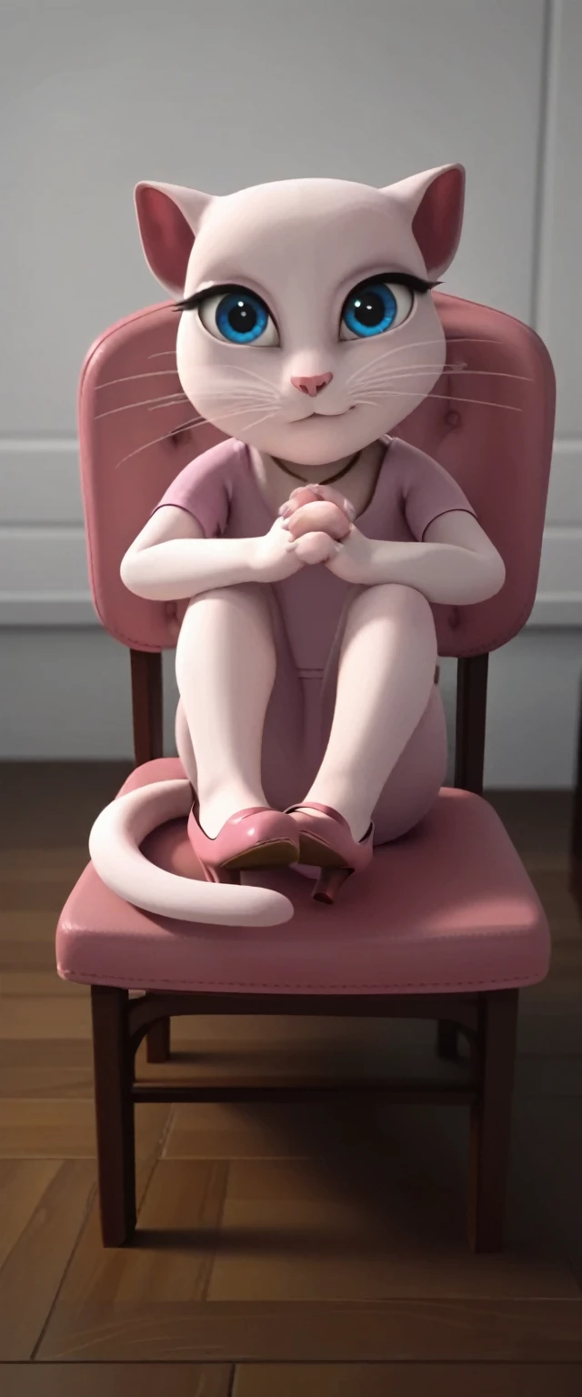 1 girl, cat, white fur, long whiskers on both sides of the face, large bright blue eyes, large black eyelashes, small pink nose, triangular ears with pink channels. There are high heels. front view legs woman nude up, holding own legs, legs together flexible tails, sitting on chair own hands holding legs, folded, legs up, cat tail turned inwards