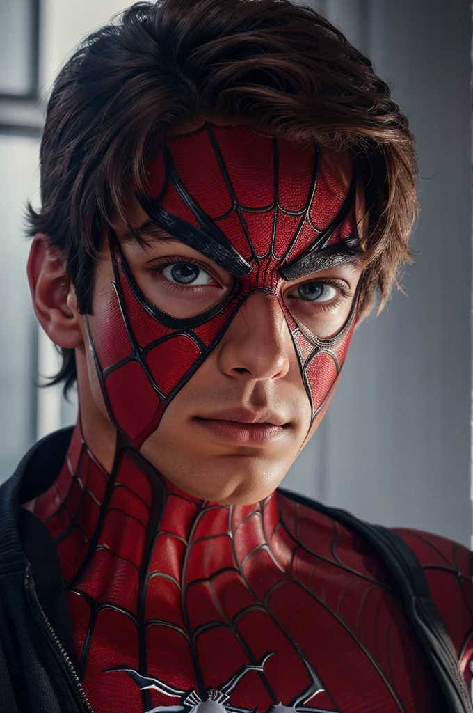 A photograph of spider man, no mask, 20 yo, handsome, detailed face, looking at camera, portrait, 8k uhd, high quality