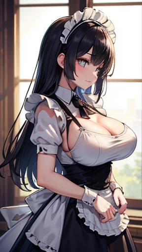 (original character、unity 16k wallpaper, masterpiece, Highest quality, Ultra-detailed, Extremely detailed CG, Caustics, Cinema Lighting, detailed, Beautiful detailed Eyes, alone,Sexy Woman), Ultra-high resolution, Fine skin, (Maid, Maid apron, Maid headdress,black Maid skirt), (Strong light)、Oily skin,curve:1.2,Huge breasts:1.2,city、(Cowboy Shot、On the chest,Portraiture),smile,From the side,city、homework