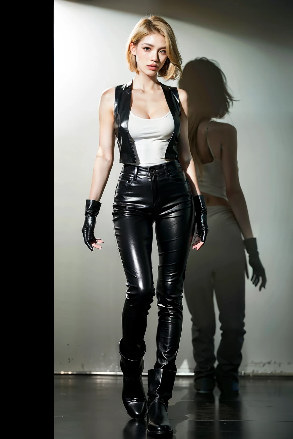 (tall:1.2),(full body:1.2),(photo realist: 1.2), (hiper realist: 1.2), (realistic: 1.2), (smoother lighting: 1.2), (Improve the quality of movie lighting: 1.2), (RAW photo:1.2), (better quality:1.2), (beauty:1.2), (masterpiece:1.2), (Physically based rendering:1.2), (ultra high resolution:1.2), (best quality:1.2),(standing:1.2),(short blonde hair:1.2), (cute:1.2),(ember eye color:1.2),(brown vest:1.2), (untucked white shirt:1.2),(black necktie:1.2), (skinnyfit:1.2),(black leather long pants:1.2),(ankle boots:1.2),(fingerless gloves:1.2), (big breast:1.2),(sexy:1.2),(simple background:1.2)