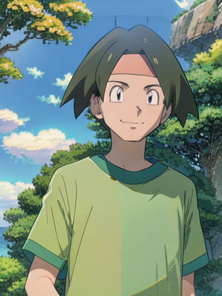 Tracey, solo, smile, shirt, 1boy, closed mouth, upper body, male focus, outdoors, sky, cloud, black eyes, green shirt, anime coloring pokemovies, sugimori ken, ken sugimori ken \(style\), masterpiece, 8k, best quality, happy, smile, anime screencap, zoom out, landscape, sea, daytime, sunlight, concept art, anime background,