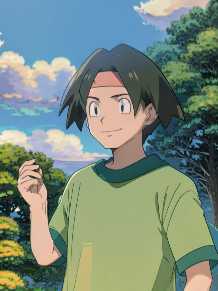 Tracey, solo, smile, shirt, 1boy, closed mouth, upper body, male focus, outdoors, sky, cloud, black eyes, green shirt, anime coloring pokemovies, sugimori ken, ken sugimori ken \(style\), masterpiece, 8k, best quality, happy, smile, anime screencap, zoom out, landscape, sea, daytime, sunlight, concept art, anime background,