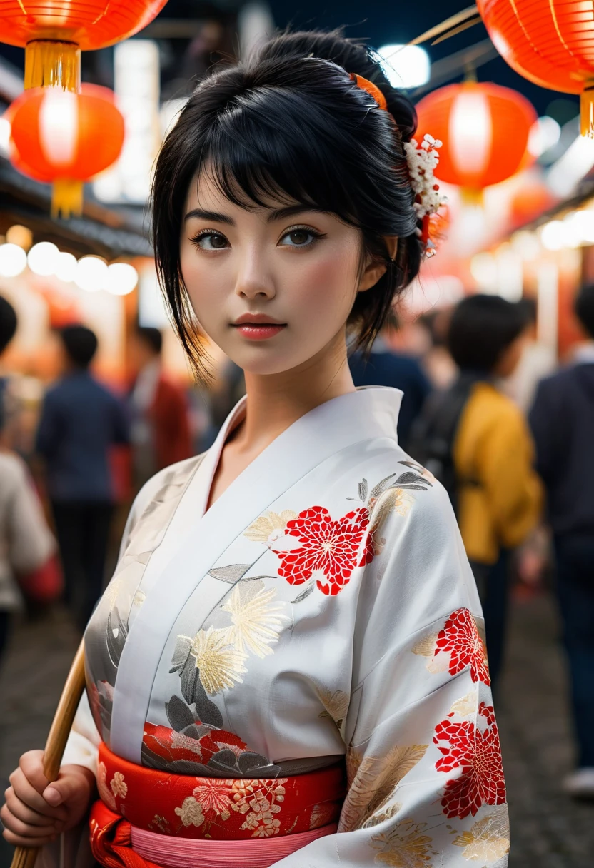 1girl in, age22, Solo, short black hair, looking at the camera, translucent white fairly skin, black hair, full body, outdoor, night, japanese street vendors, japanese festival, fireworks, (extremely detailed 8k wallpaper), soft lighting, high quality, film grain, Fujifilm XT3 sharp focus, f 5.6, 50mm, High Detail, Sharp focus, (natural light), (seductive), realistic, sexy, ((Detail eye)), ((Eye: 1.2), ((Kimono)), (breast: 1.2)