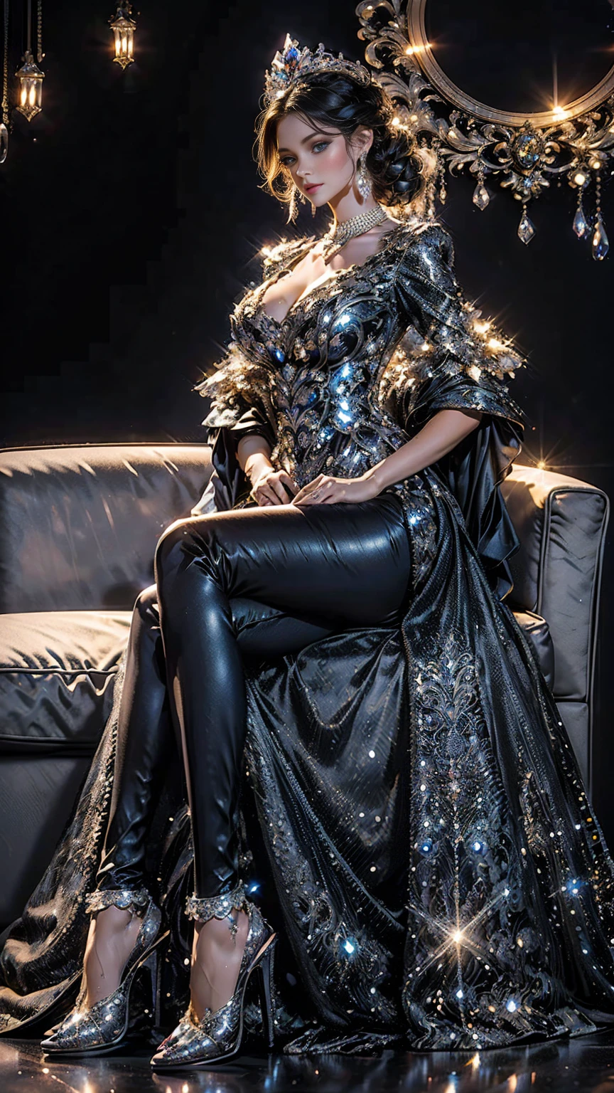 Fat butt,Busty,Tall,tall,a woman,masterpiece,best quality,The face beautiful,black stockings,Crystal shoes,noble,abdominal musclelack hair,god,evening dress,Diamond decoration,front,whole body,evening dreslack dress,noble,Crystal Crown,lace,black stockings,Smooth,necklace,earring,High heel,Whitening,cloak,long skirt,lace,starry sky background,conservative clothing,Pants,curve,make up,gorgeous perfect face,wide hips,Tall,sweet lipeautiful gem blue eyes ((sitting on sofa legs wide open, ))