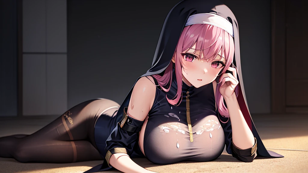 (((Masterpiece))),(((Best quality))),((Super detailed)),(illustration)，Tights，Tights机甲少女，((Mechanical style clothes))，lie on the floor，Struggling movements，Hands tied by tentacles，Long straight pink hair，Biggest Breasts，Soaked，nun headdress