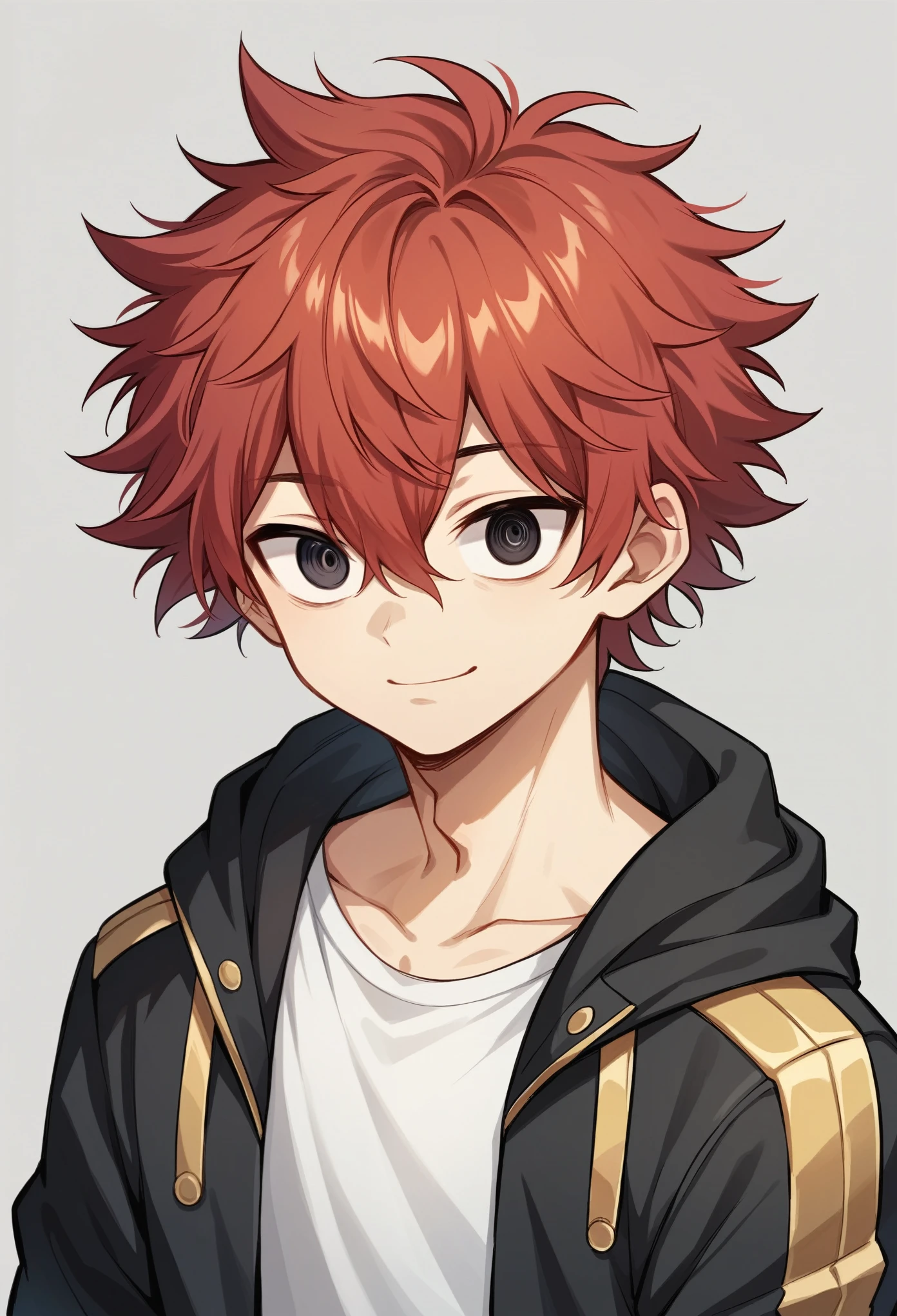(high-quality, breathtaking),(expressive eyes, perfect face) 1boy, male, solo, age 16, teenager age, masculine face, red color hair, black eye color, spiky fluffy hair, medium hair length, messy loose hair, narrow eyes, Symmetrical Eyes, portrait, cute smile, grey background, hair between eyes, white shirt, cool black hooded jacket with gold trim, red inside of jacket, black