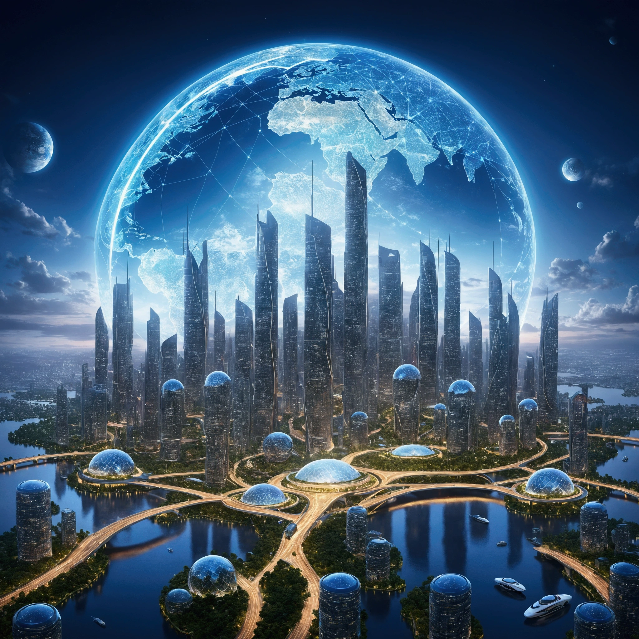 An image of a city with bridges and a large globe, Future city background, City of the Future, Future Cityscape照片, Future Cityscape, Future Utopian City, Cybernetic city background, Future city background, beautiful City of the Future, Otherworldly city of the future, A vision of the city of the future, The future city of mankind is a high-tech floating island. The sky technology city has warm technological lines and atmosphere. The background is high in the sky and the time is dusk.