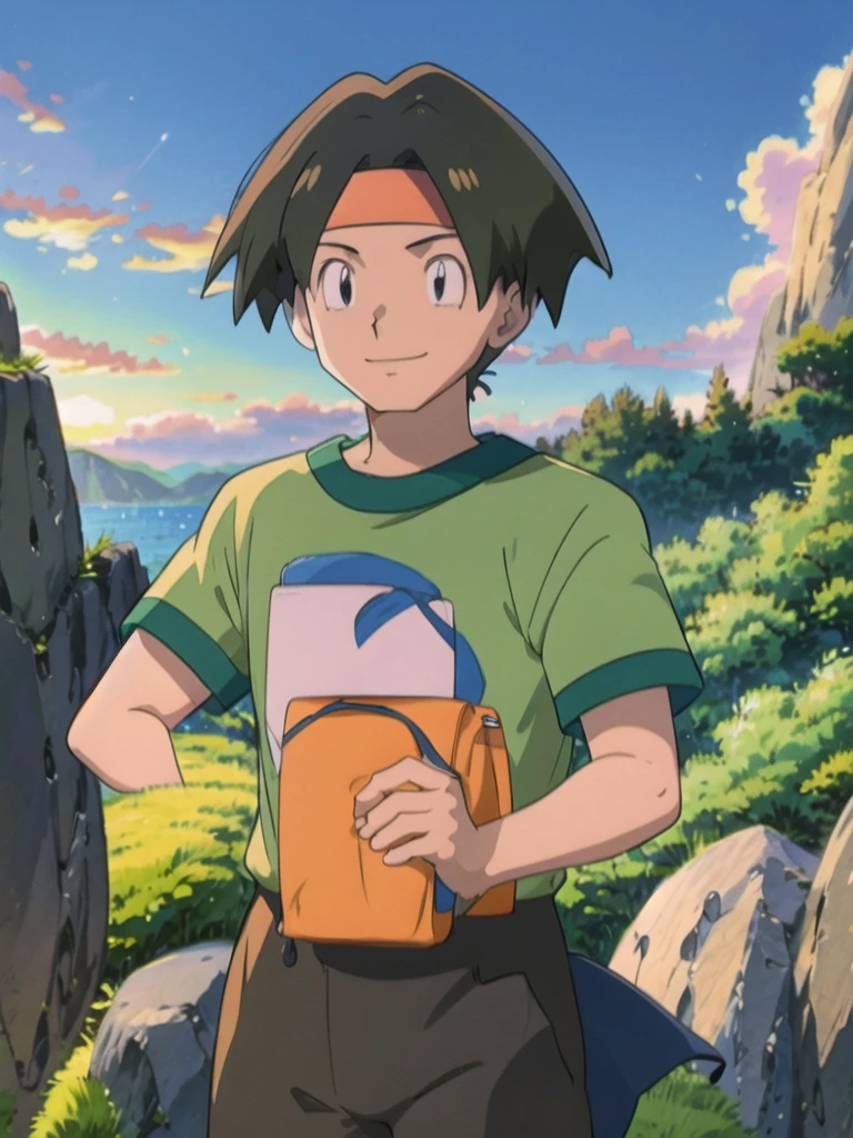 Tracey, solo, smile, shirt, 1boy, closed mouth, upper body, male focus, outdoors, sky, cloud, black eyes, green shirt, anime coloring pokemovies, sugimori ken, ken sugimori ken \(style\), masterpiece, 8k, best quality, happy, smile, anime screencap, zoom out, landscape, sea, daytime, sunlight, concept art, anime background,