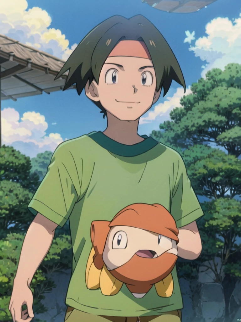 Tracey, solo, smile, shirt, 1boy, closed mouth, upper body, male focus, outdoors, sky, cloud, black eyes, green shirt, anime coloring pokemovies, sugimori ken, ken sugimori ken \(style\), masterpiece, 8k, best quality, happy, smile, anime screencap, zoom out, landscape, sea, daytime, sunlight, concept art, anime background,