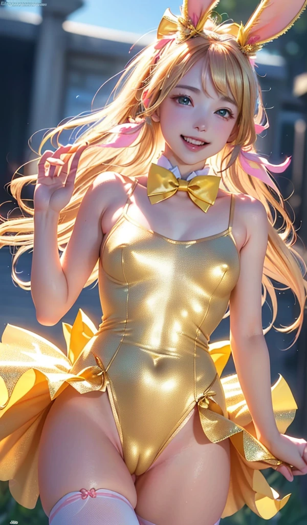 masterpiece, Highest quality, Highly detailed CG Unity 8k wallpaper, (Closeup shot of the upper body head of a beautiful girl), , Elegant long straight blonde hair, (Mckenna Grace), (Flat Chest,Thighs), (pink yellow) Golden (Sparkly tutu,long rabbit ears headgear, , bow tie, No pants, Genitals are visible), (Spread your legs), (blush), Oilskin, (Captivating smile), (Wonderland), Pretty face, Key Art, Awards, intricate detail realism hdr, by (Luan Jia, Altgerm and Range Murata), Photorealism, Hyperrealism, Ultra-realistic, Dramatic Light, Strong Shadows, Nice views, Depth of written boundary,A clear crotch bite、Well defined nipples、Nipples are visible