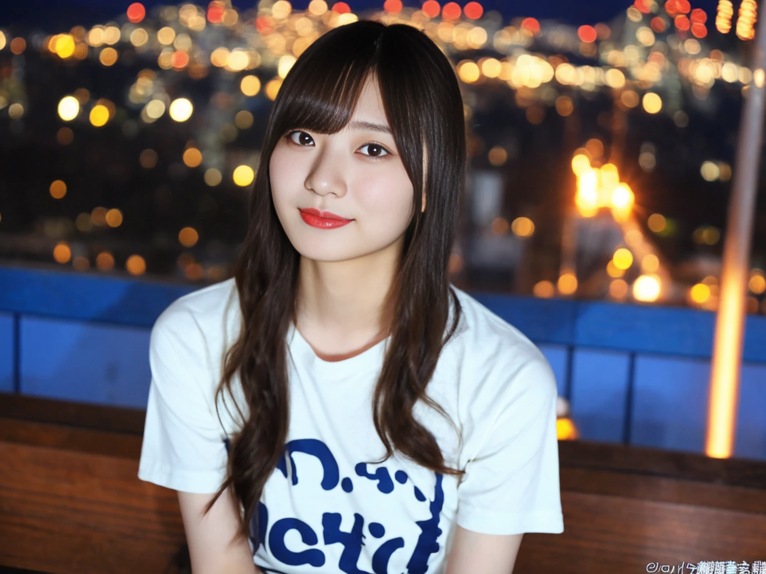 A place with a beautiful night view of the city、WhiteTA Japanese woman in her twenties wearing a shirt, 、女の子cute-整った顔,、Beautiful breasts、若いcuteアジア人の顔, Beautiful young Japanese woman, Gorgeous Young Japanese Woman, Japanese Girls, Young and adorable Japanese face, cute - 整った - 顔, cute若い女性, Young and pretty girl, Nice delicate face、Wearing a tight T-shirt, Young slender gravure idol、clear、cute、8K、