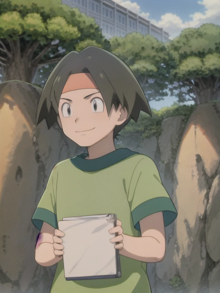 Tracey, solo, smile, shirt, 1boy, closed mouth, upper body, male focus, outdoors, sky, cloud, black eyes, green shirt, anime coloring pokemovies, sugimori ken, ken sugimori ken \(style\), masterpiece, 8k, best quality, happy, smile, anime screencap, zoom out, landscape, sea, daytime, sunlight, concept art, anime background,
