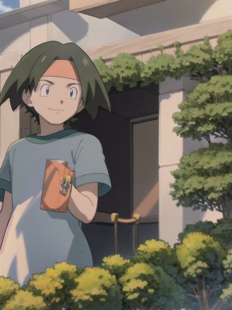 Tracey, solo, smile, shirt, 1boy, closed mouth, upper body, male focus, outdoors, sky, cloud, black eyes, green shirt, anime coloring pokemovies, sugimori ken, ken sugimori ken \(style\), masterpiece, 8k, best quality, happy, smile, anime screencap, zoom out, landscape, sea, daytime, sunlight, concept art, anime background,