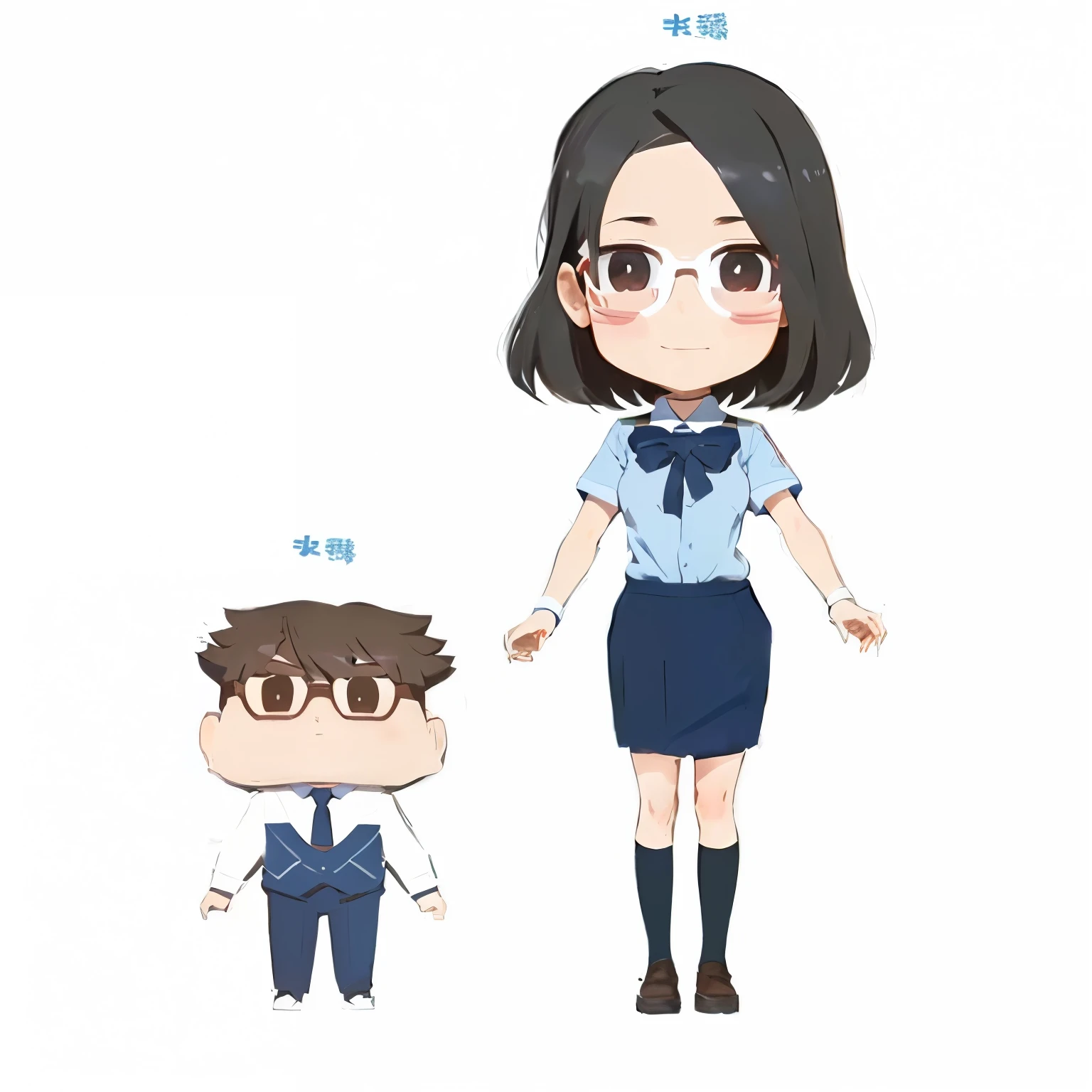 A caricature,The painting shows a girl and a boy in school uniform, Nagatoro, There are two characters, Style like clay figurines, Single character full body, Cartoon Character, Chibi Proportion, Full body solo character, shuushuu anime character, Full body character, Full body fairy, Official illustrations, Medium shot of two characters, Animated Characters, Features
