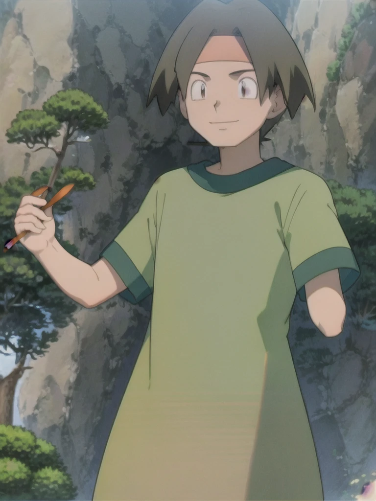 Tracey, solo, smile, shirt, 1boy, closed mouth, upper body, male focus, outdoors, sky, cloud, black eyes, green shirt, anime coloring pokemovies, sugimori ken, ken sugimori ken \(style\), masterpiece, 8k, best quality, happy, smile, anime screencap, zoom out, landscape, sea, daytime, sunlight, concept art, anime background,