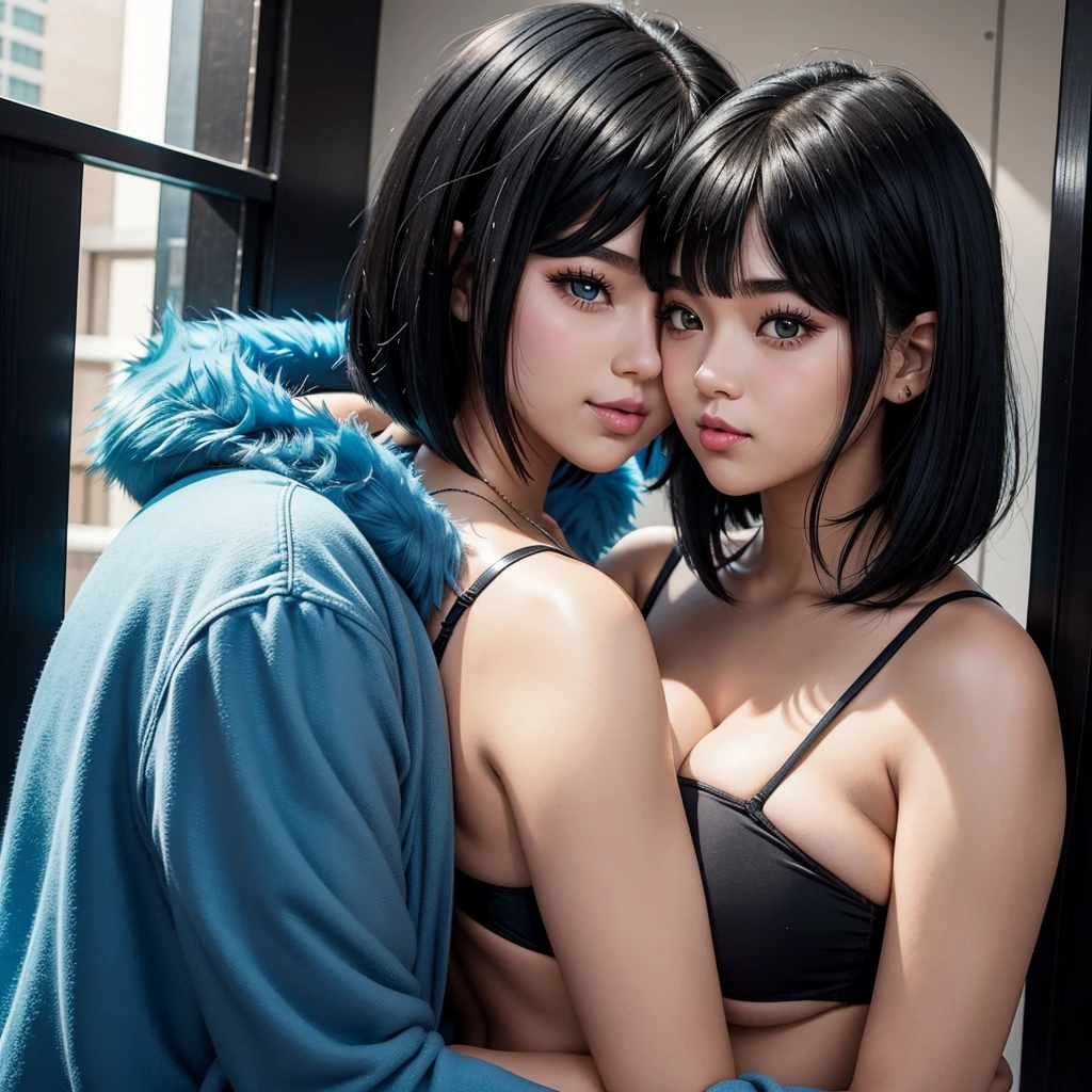 2 girls,Chica1:bulma bbw、adorable,blue fur,bob cut,informal、Kisses with mouth and hugs staring、Now、girl 2:adorable,a black hair,long black hair,informal。Kisses with mouth and hugs, stare、Bikini, Now