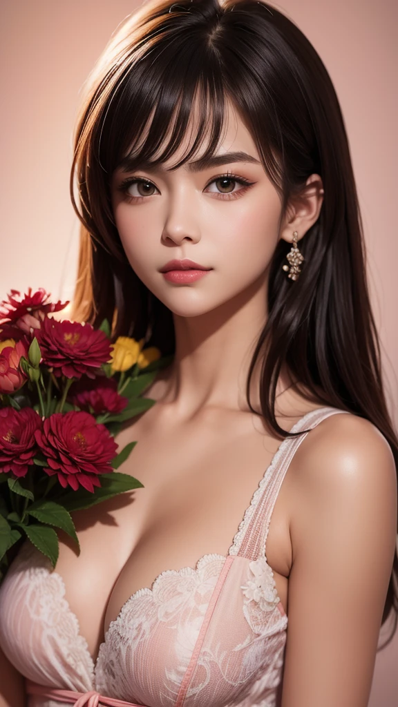 (masterpiece, best quality:1.2), solo, A stunning portrait close-up of a lady holding a bouquet of vibrant flowers, her kind and beautiful eyes gazing directly at the viewer. Rendered in exquisite detail with Schneider pastel inks, the soft and delicate strokes bring the image to life. The pastel colors add a touch of softness and the overall effect is simply breathtaking.