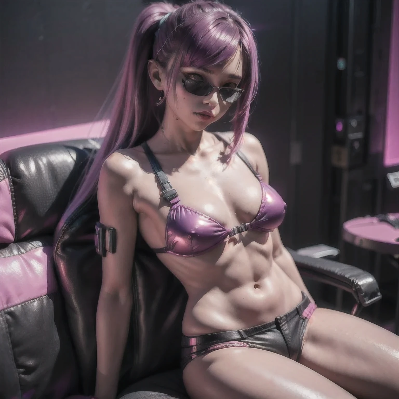 araffe with purple hair and a purple bra top posing for a picture, cyberpunk 2 0 y. o model girl, female cyberpunk anime girl, dreamy cyberpunk girl, cyberpunk anime girl, hyper-realistic cyberpunk style, cyberpunk beautiful girl, cyberpunk art ultrarealistic 8k, cyberpunk vibe, muted cyberpunk style, cyberpunk vibes, in cyberpunk style, cyberpunk style color