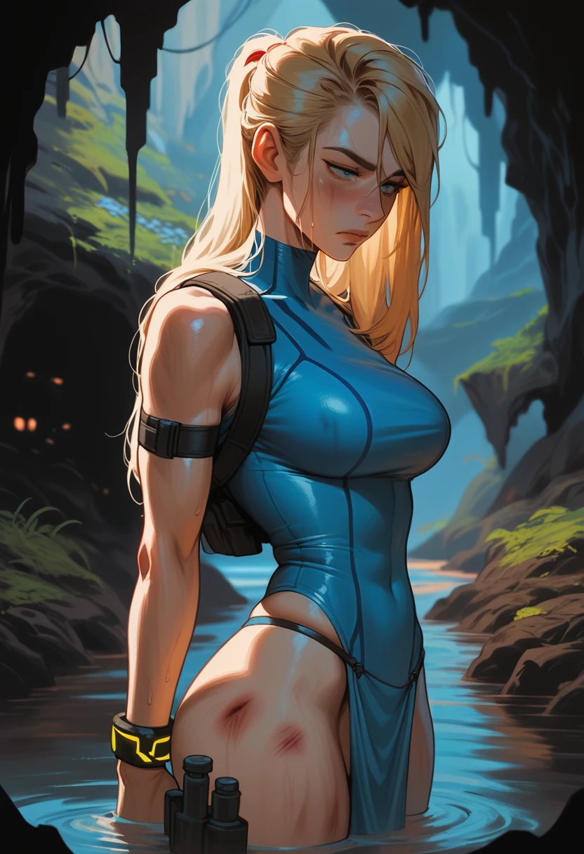 Side view, samus aran, large breast, big ass, source_anime, beaten up, wet skin, tired, long hair, straight hair, blondie, confident face, hip holster, hip strap, blue eyes, at night, dramatic lighting, detailing face, detailing body, athletic body, standing in cave, dark cave, realistick, ultra detailing, black chest band, blakc loincloth
