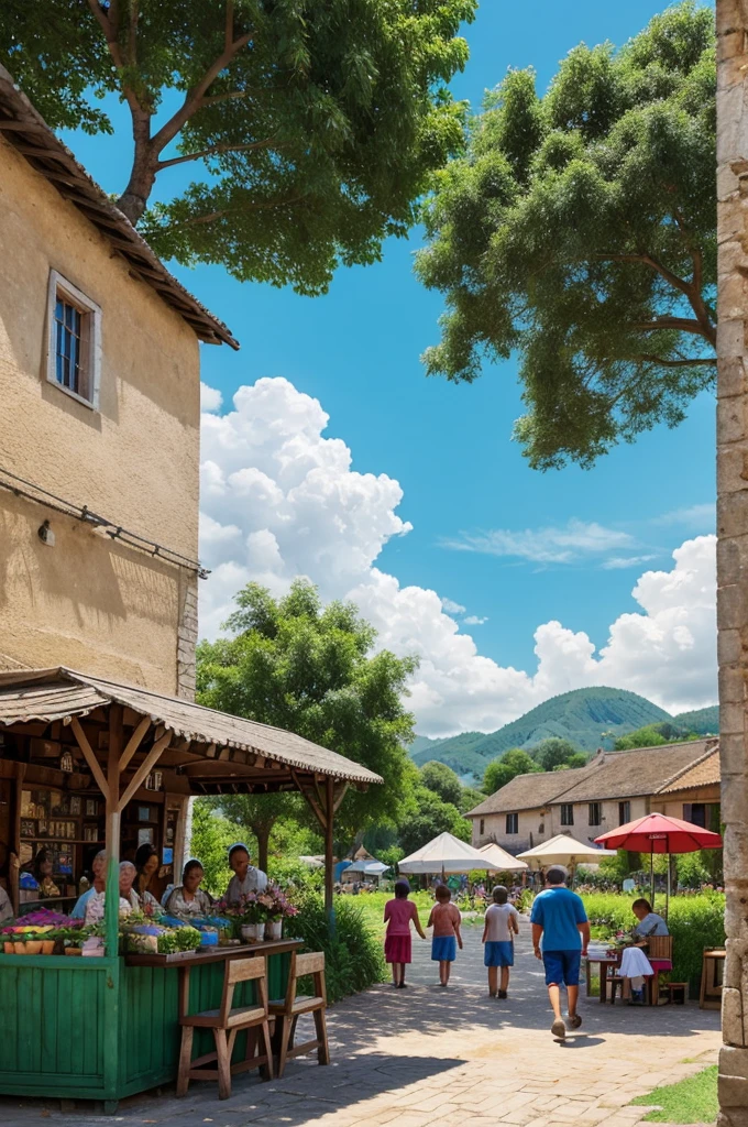 In the background, you see the village square bustling with other villagers: an elderly couple gossiping on a bench, children playing tag around a weathered fountain, and a market stall selling colorful bouquets. The sky above is a serene blue, dotted with fluffy clouds, and the distant hills are lush green, framing this idyllic village life in a picturesque 3D cartoon style.