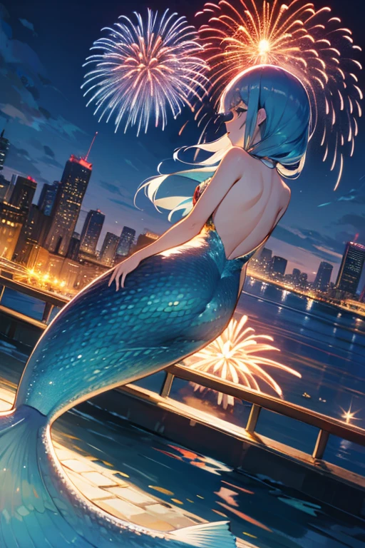 Mermaid girl, city at night, river, fireworks