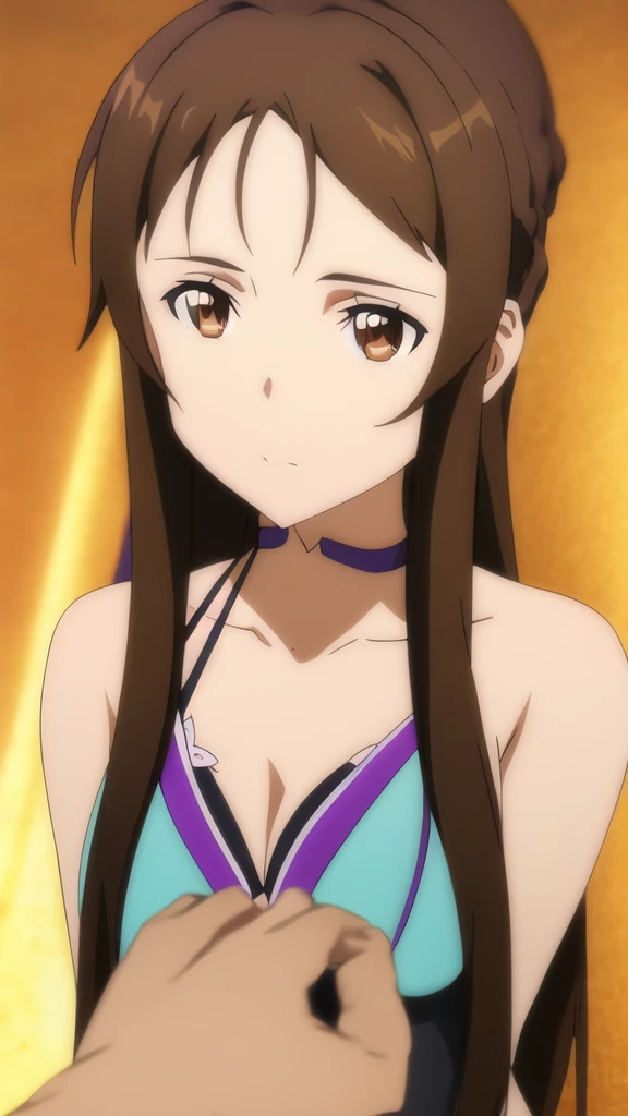 a beautiful anime girl with long brown hair and brown eyes, wearing a bikini, with her hands raised above her head tied up, in a serene and elegant pose, highly detailed, photorealistic, 8k, unreal engine, studio lighting, vibrant colors, intricate details, dynamic composition, cinematic lighting, fantasy art