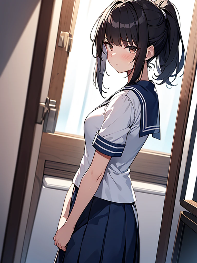 White sailor suit with short sleeves:1.9 Dark blue collar:1.9. Dark blue uniform pleated skirt:1.9. Anime drawings with vivid colors: Tall women:1.9 Standing, sweating, arms crossed, large breasts, troubled face, glaring, wrinkled brows, flushed cheeks, night:1.3 Apartment bedroom, white sheets, short black hair, ponytail:1.9 Straight hair, bangs swept to the side:1.9. Slanted eyes, brown eyes, tall, strong-willed, beautiful