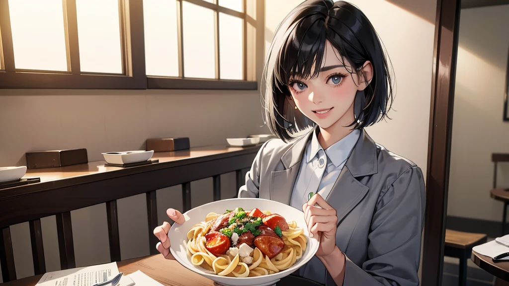 (perfect anatomy:1.2)(absurdres, highres, ultra detailed),masterpiece,best quality,high resolution,8k,Realistic face,Realistic skin texture,magnified textures, stunning clarity,detailed anime girl,(ultra detailed eyes and face),(1 girl:1.2)21years old,she is office worker,lunch time,Italian restaurant in a Japanese district,smile,grin:1.2,black hair, bob cut,natural make,grey jacket and pants,white brouse,light look at winfows,sparkling eyes.small nose,roundface,She looks happy,upper body,Italian restaurant Eating pasta happily