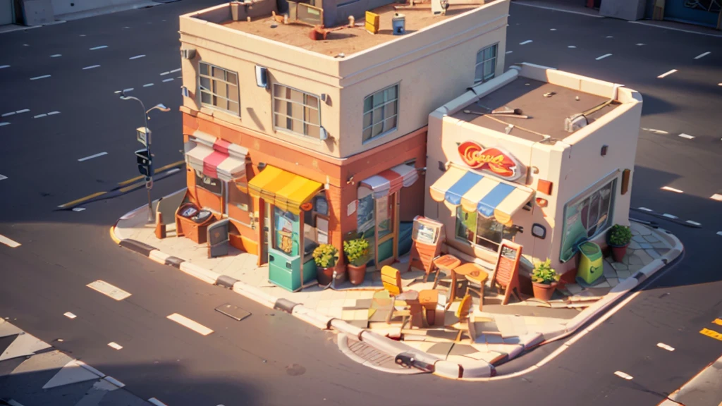 (Isometric Art:1.5)，The art of math，Coffee Shop，Street entrance，PARKING LOT，car，(high quality，Masterpiece，Octane Rendering，Ray Tracing，Extremely detailed，3d，8k:1.5)