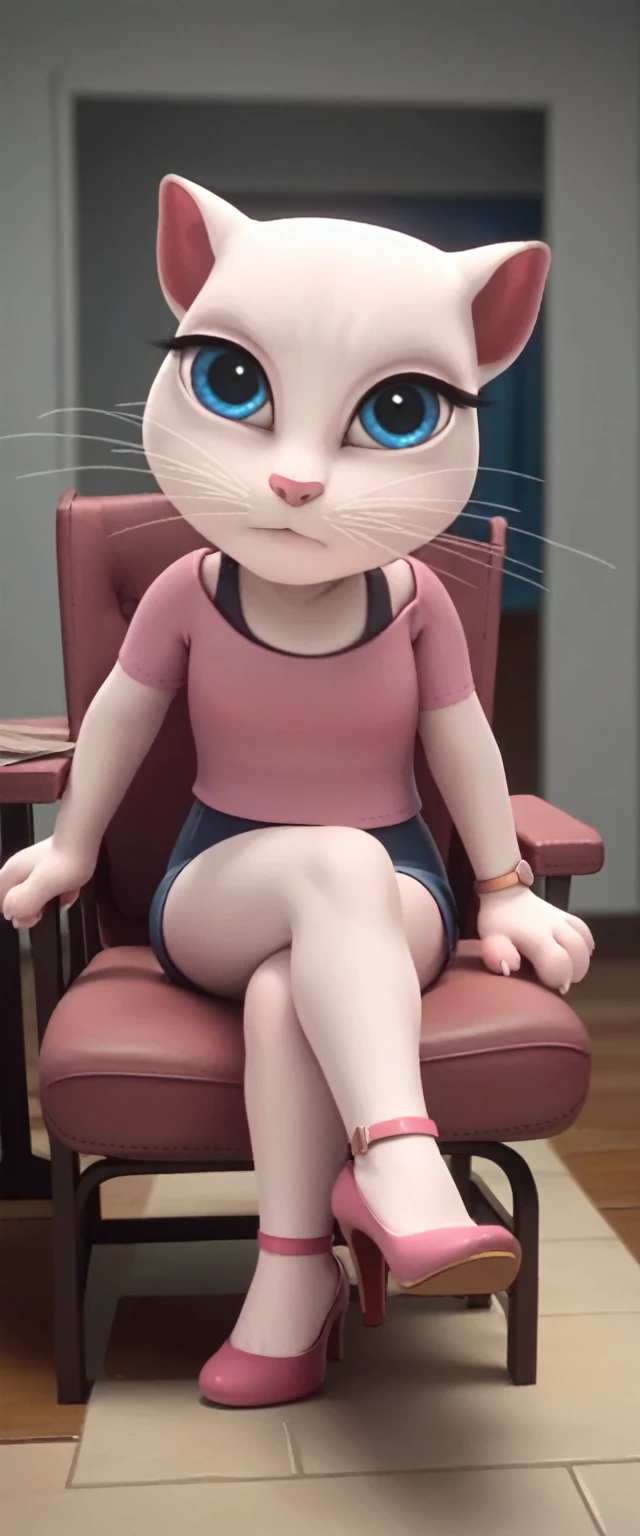 1 girl, cat, white fur, long whiskers on both sides of the face, large bright blue eyes, large black eyelashes, small pink nose, triangular ears with pink channels.     There are high heels.  Front view legs of woman on chair facing inwards on back with legs up in the air.  crossed legs