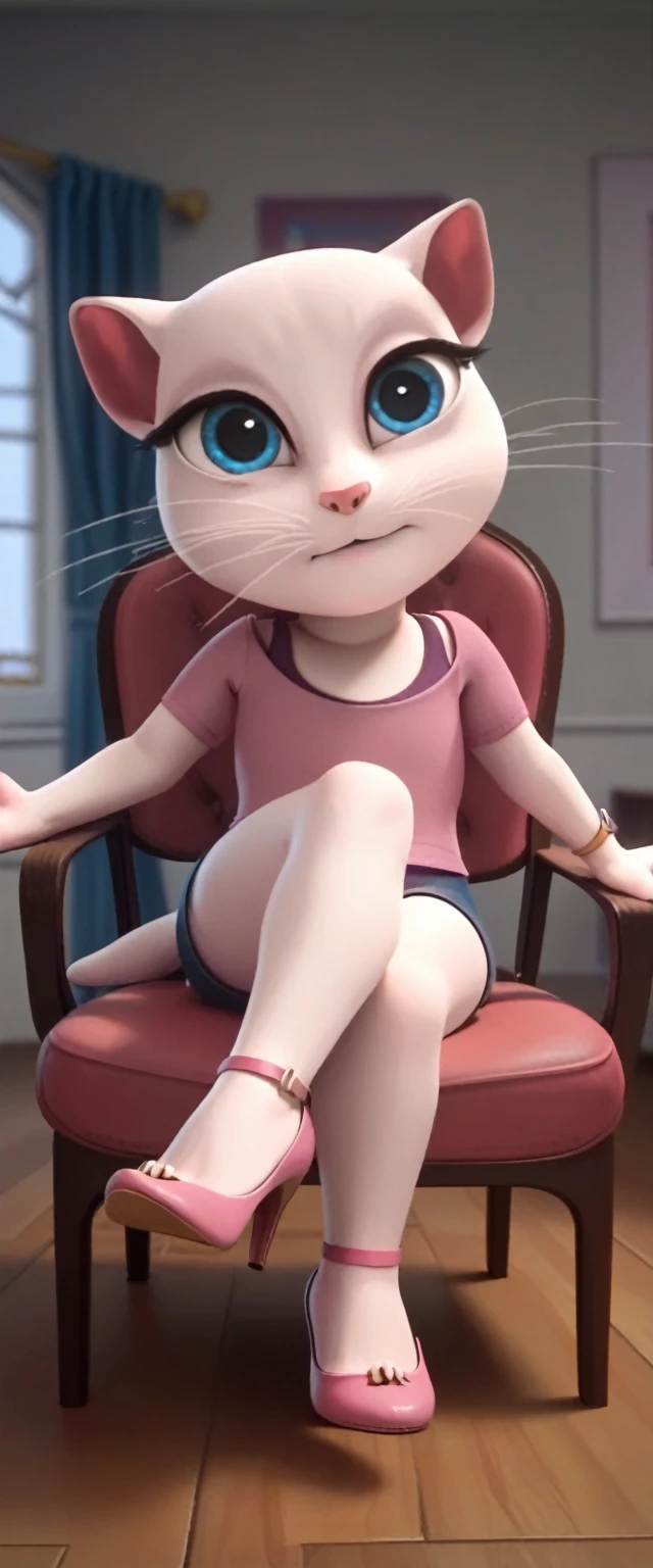 1 girl, cat, white fur, long whiskers on both sides of the face, large bright blue eyes, large black eyelashes, small pink nose, triangular ears with pink channels. There are high heels. Front view legs of woman on chair facing inwards on back with legs up in the air. crossed legs