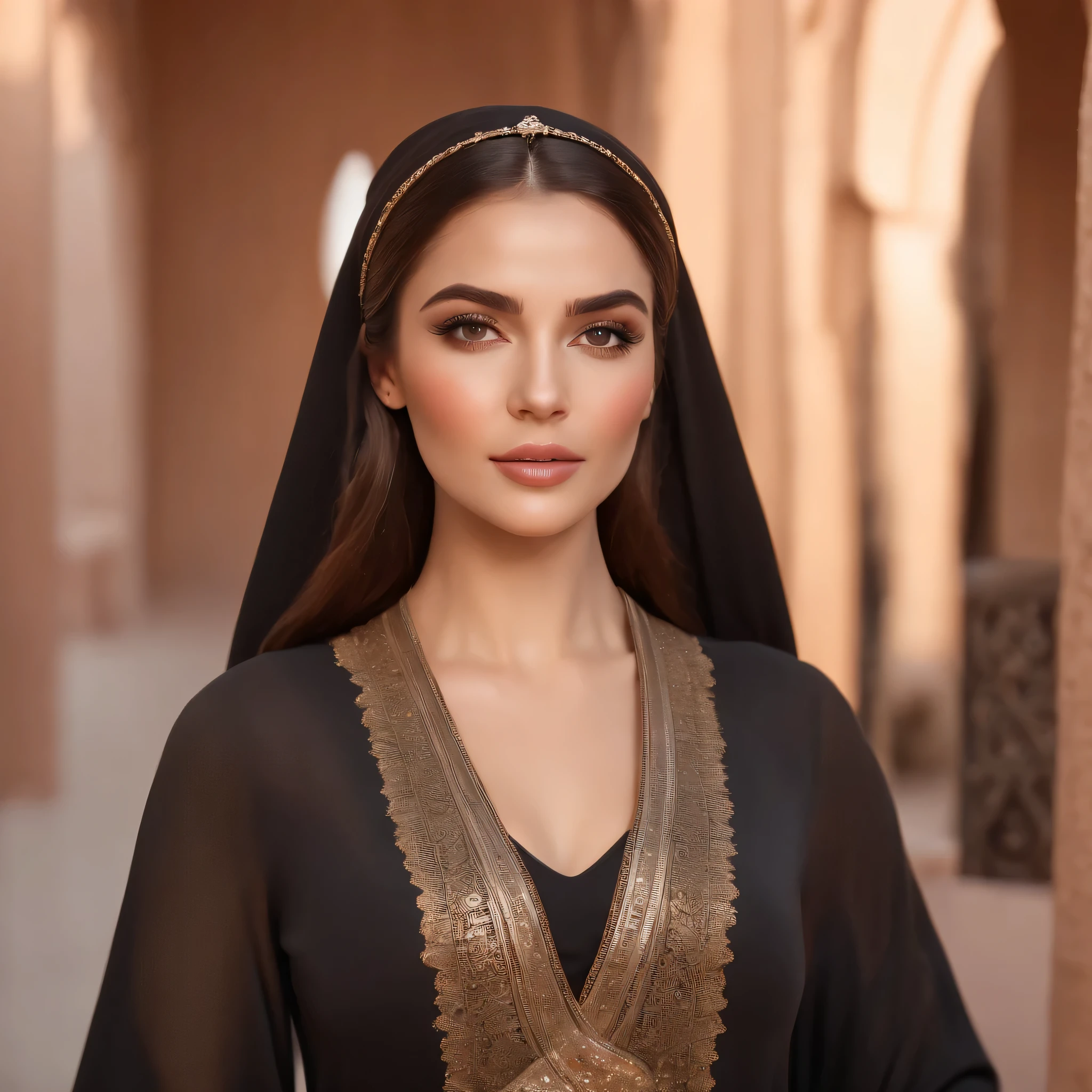 (rendu 3D professionnel:1.3) (Réaliste:1.3) la plus belle photo du monde, Caractéristiques douces et brillantes, ((Femme fantastique épique, Cheveux très longs, expression mignonne dans une pose dynamique, emplacement fantastique, Environnement marocain majestueux)), yeux verts brillants, Lèvres fermées, tout le corps 8k unity render, photo d'action, éclairage au coucher du soleil, ombrage intense, détaillé, détaillé face, (vibrant, photograph Réaliste, Réaliste, Spectaculaire, sombre, netteté, 8k), (Abaya Jellaba Katan:1.4), (complexe:1.4), décadent, (très détaillé:1.4), lisse, netteté, Réaliste, (Loïsh:0.23), (Illumination globale, lumière de studio, lumière volumétrique), lumières féériques, particules flottantes, tout le corps, ((Fond de ville de Marrakech:1.3)),
