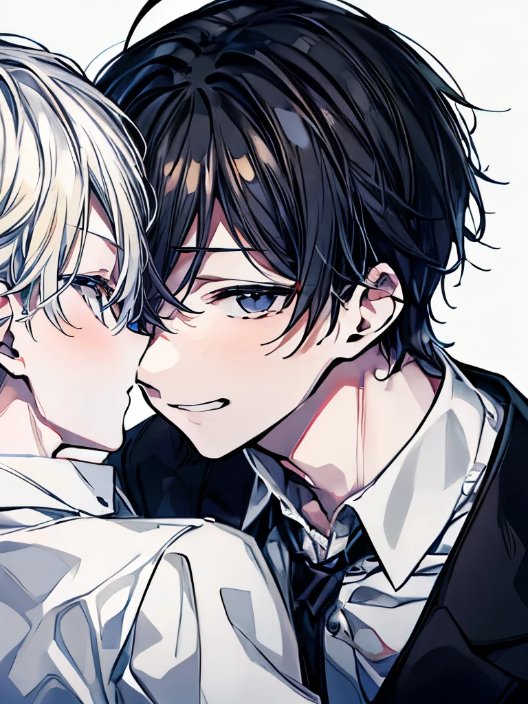 (Mastepiece), (Best Quality), Very detailed, ((Two men intimate)), Perfect Face, Beautiful Face, Very detailed顔,(One black-haired man:1.3),(One white-haired man:1.3),shirt、smile