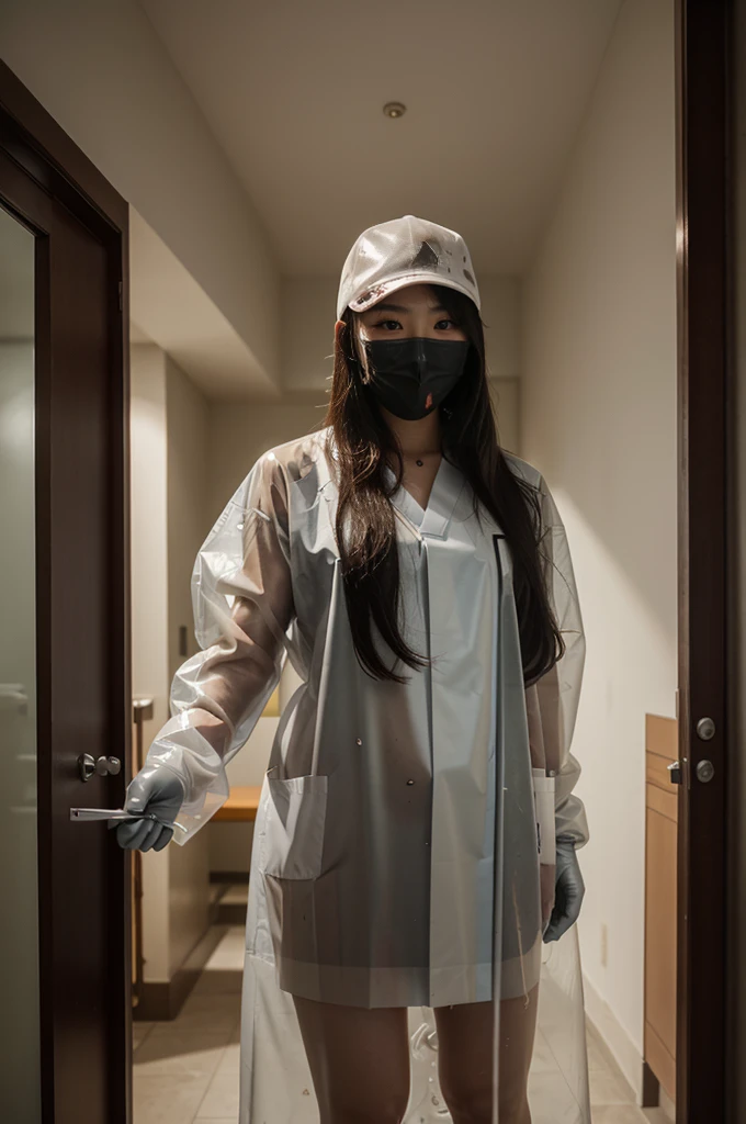 korean girl, (behind corpse, surgical mask), blood splatter, holding knife, stabbing, gloves, room full of blood, woman on top, transparent raincoat, hood up, holding knife, gloves, behind corpse, short hair, night, mass murderer, robbery, in the hotel, light from the window
