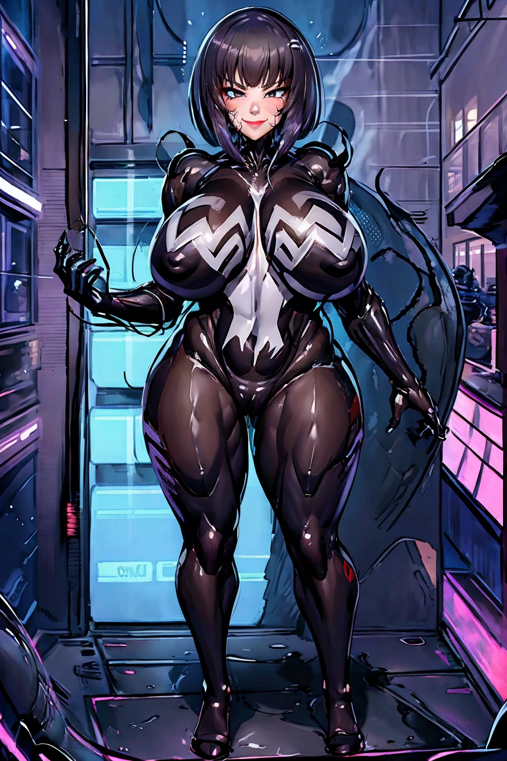 2in1 Oboro Symbiote suit Smiling and standing alone in the sci-fi city, Super huge big breasts breast enlargement blush shy smile full-body shot
