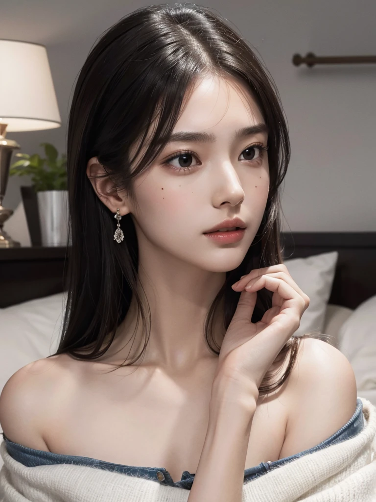 absurdres, RAW photo, extremely delicate and beautiful, masterpiece, Best Quality, ultra high resolution, 32k, hyperrealistic, ultra-detailed, perfect anatomy, super Detailed skin, perfect figure, Super Beauty, Perfect Style, Perfect balance, in her 20s, very small head, very small face, delicate facial features, tearful mole, earring, huge round breasts, medium hair, whole body shot, bare one shoulder, collared shirt, bed, indoor,