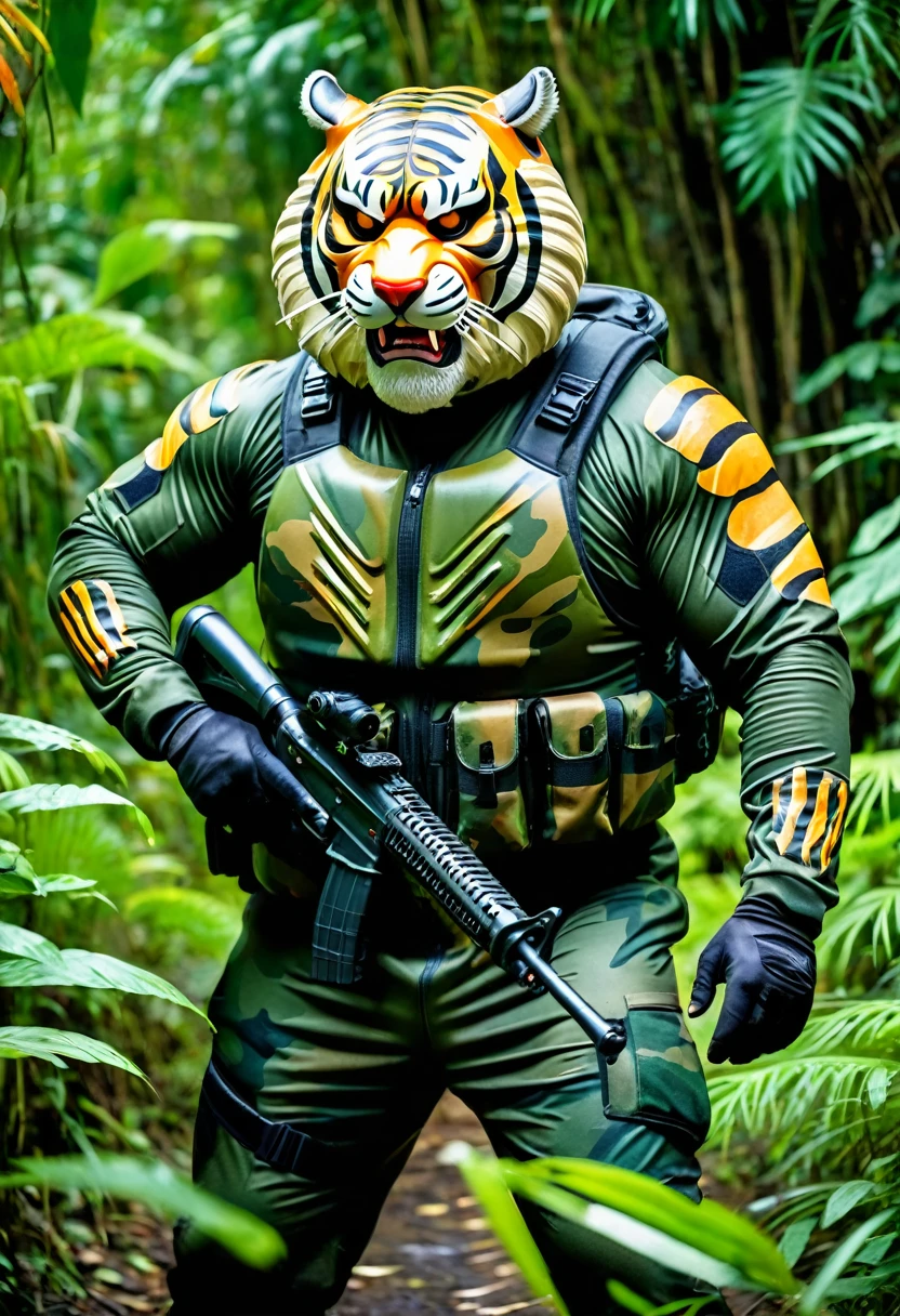 (a dark-skinned bearded fat muscular old man in a bulky army camouflage zipper diver suit), and (wearing realistic angry roaring siberian tiger mask), patrolling in a jungle and shooting sniper rifle, muscular, Bruce Onobrakpeya, sumatraism, stanley artgermm, action, heroic, fierce, snarling, best quality