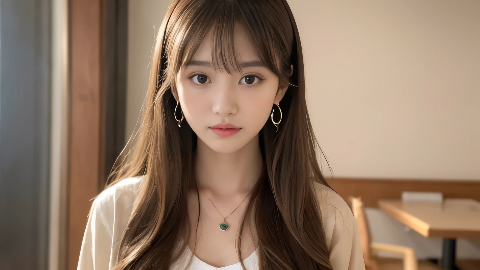 ((Highest quality, 8k, masterpiece:1.3)), concentrated: 1.2, Perfect Body Beauty: 1.4, Hip: 1.2, ((Long Hair, chest: 1.2)), (Dry clothes: 1.1) , (clear, Simple Background:1.3), Simple clothes: 1.1, Highly detailed face and skin texture,Delicate eyes, double eyelid, White skin, Rough skin、Long Hair、Bangs with earrings、necklace、 alone、Beige coat、White shirt, (((Cute Japanese Girl)))、 ((Beautiful Japanese woman 20 years old))、 ((Baby Face))、 (((Slender body)))、 Upper Body,Face Focus、necklace,Background of the café,From above, Realistic Hair、 The photo was taken:Canon EOS R6、135mm、1/1250 seconds、f2.8、ISO400、(Detailed description of the hand)、(Masseter region)、(Exquisite CGI)、Long Hair, loose and curly hair、Long Hair明るいベージュ色、グラデーションハイライトグレージュのゆるふわLong Hairスタイル、
