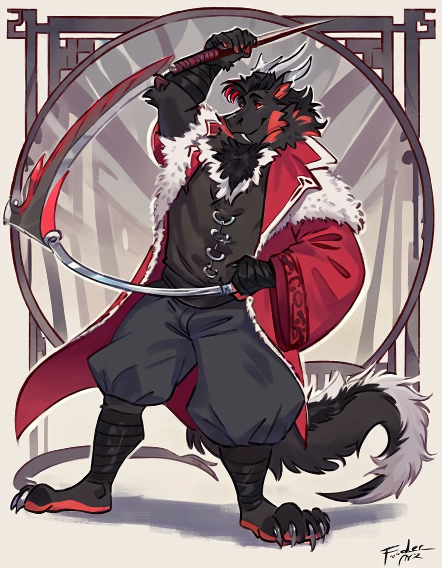 Drawn art Anthropomorphic dragon his physique is achieved through a meticulous distribution of muscle and fat that creates a sense of comfort and approachability. Black scales. Black fur. Black Hair. Skin is a rich, deep black, with a subtle shimmer. His eyes are a piercing shade of Imperial red, framed by thick eyebrows. His attire, a black gambeson padded overcoat fabric vest with striking red salmon accents and intricate silver metal ornaments, is both functional and symbolic. The gambeson, a padded garment, is tailored to allow for a full range of motion, emphasizing his agility despite his size. The silver metal ornaments. Fur is predominantly black with salmon red-colored highlights. The fur on his torso and limbs is dense. His chest hair is kept at a moderate length. Large axe like fangs. Wield a slashing blade in a rapier-like's hilt. Ox guard stance pose. His predominant color is black and he got imperial red details. Anthro Artist Taran Fiddler art Style, olhos detalhados, Olhos lindos, escalas detalhadas.