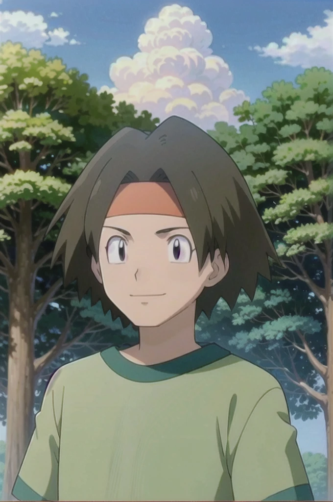 Tracey, solo, smile, shirt, 1boy, closed mouth, upper body, male focus, outdoors, sky, cloud, black eyes, green shirt, anime coloring pokemovies, sugimori ken, ken sugimori ken \(style\),  masterpiece, 8k, best quality,  happy, smile, anime screencap, zoom out,  landscape, sea, daytime, sunlight, concept art, anime background,  