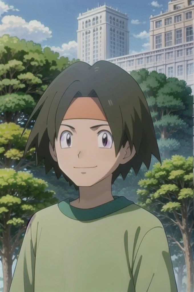 Tracey, solo, smile, shirt, 1boy, closed mouth, upper body, male focus, outdoors, sky, cloud, black eyes, green shirt, anime coloring pokemovies, sugimori ken, ken sugimori ken \(style\), masterpiece, 8k, best quality, happy, smile, anime screencap, zoom out, landscape, sea, daytime, sunlight, concept art, anime background,